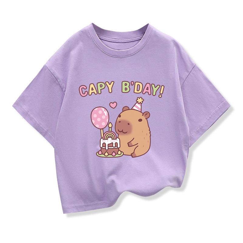 

Детская свободная одежда футболка с коротким рукавом для мальчиков и девочек хлопок с круглым вырезом топы футболка лето детская одежда милый принт капибары 3T(100cm)