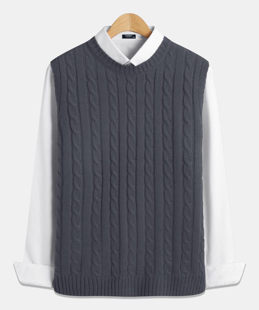 Topboy Regular Fit Cable Knit Round Neck Vest Charcoal