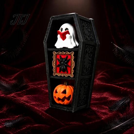 Spooky Window Display Props Halloween Gothic Coffin-Shaped Fidget Clicker Toy, Mini Push Pop Sensory Toy with Small Collectible Figures Ghost Pumpkin