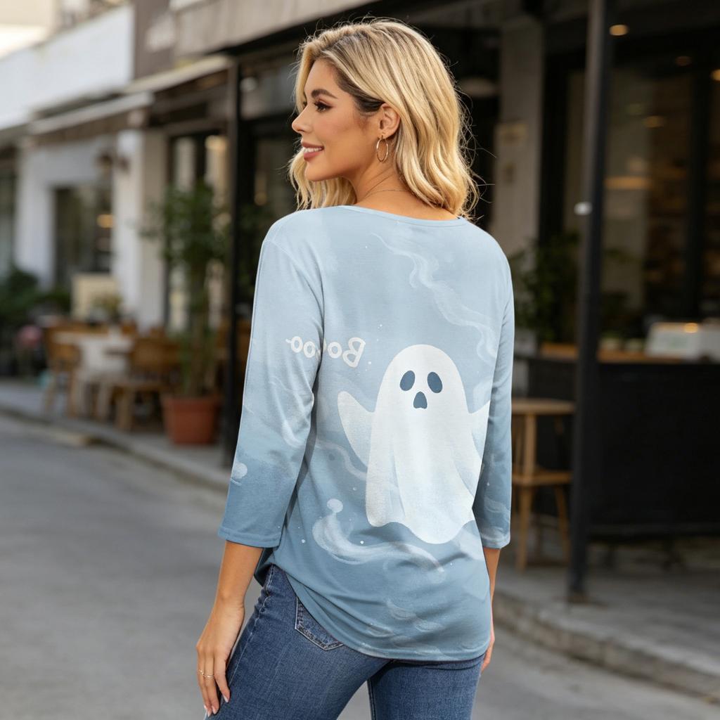 Women's Casual 3/4 Sleeve Halloween Print Round Neck Top Lightweight Loose Fit Pullover Shirt for Everyday Wear