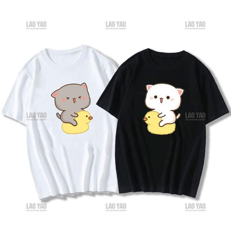 Lovely Peaches and Ash Ash T Shirt Szary Przyznaj się do błędu T-shirt Super słodki brzoskwiniowy kot kreskówka para nadruk T-shirt Unisex Unisex Topy Unisex