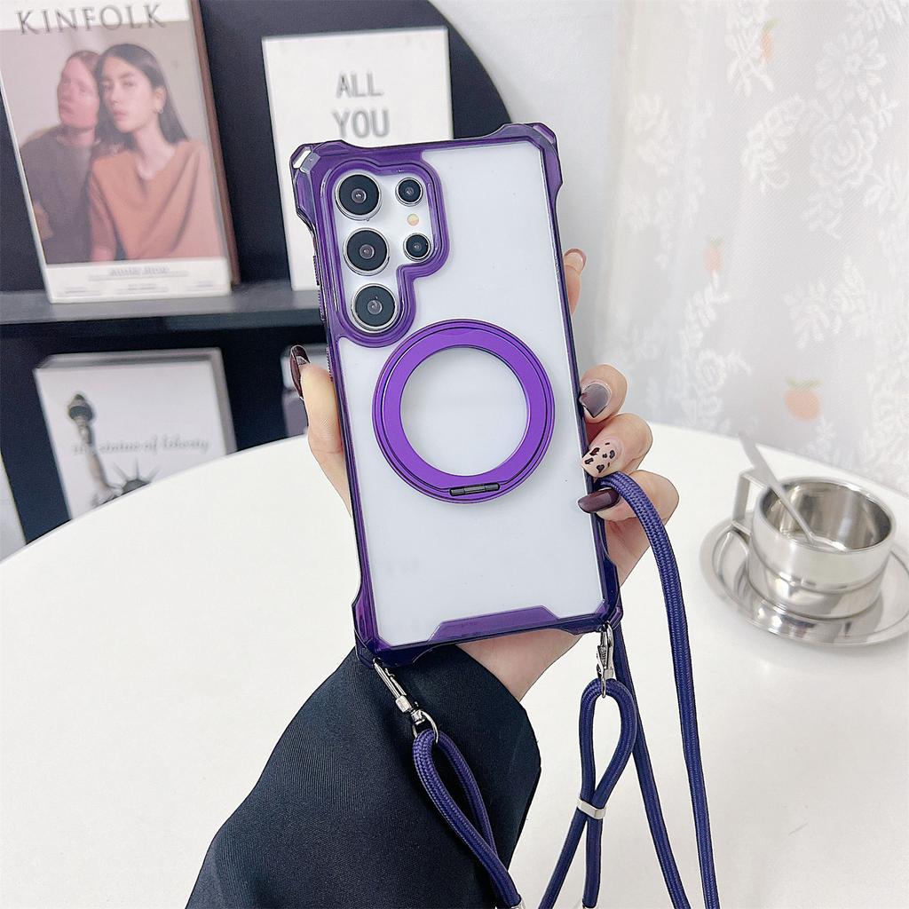 For Samsung Galaxy S25 Ultra Magnetic Case Ring Kickstand TPU+PC Phone Cover with Lanyard