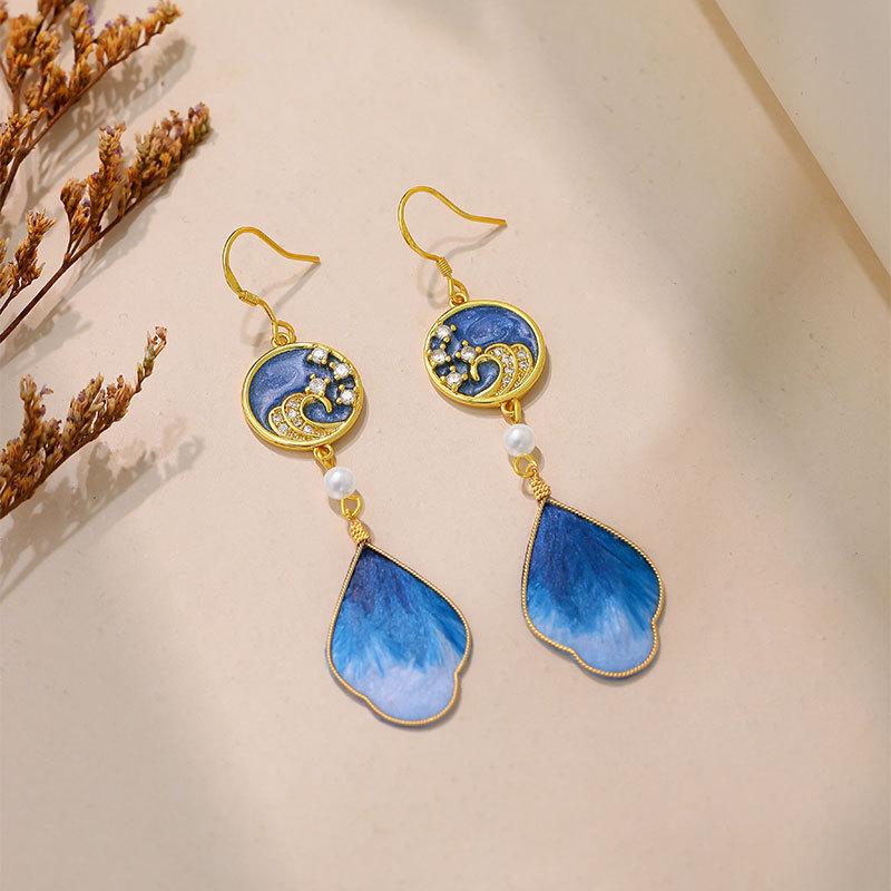 Handmade 925 Silver Enamel Velvet Flower Earrings - Chinese Cultural Heritage Style Electroplated Gold Color