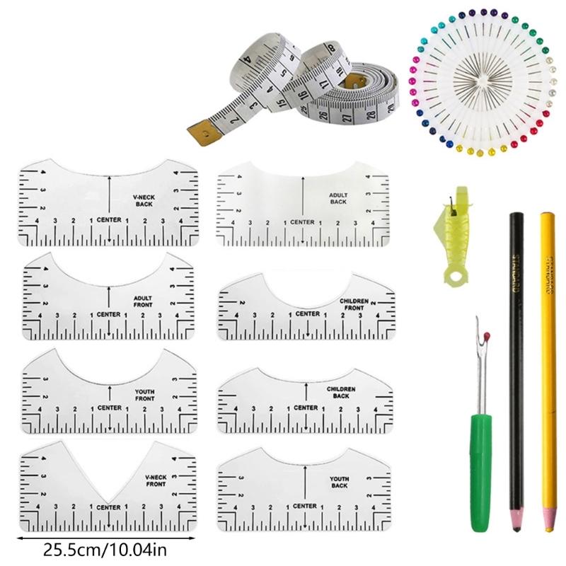 Different Sizes T-Shirt Ruler Guide Alignment Tool Including Soft Tape Measure, Seam Ripper, Sewing Pins