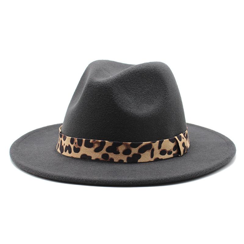 Woolen Top Hat Leopard Print Solid Color Hat Women'S Flat-Brimmed Big-Brimmed Jazz Hat 22 Colors