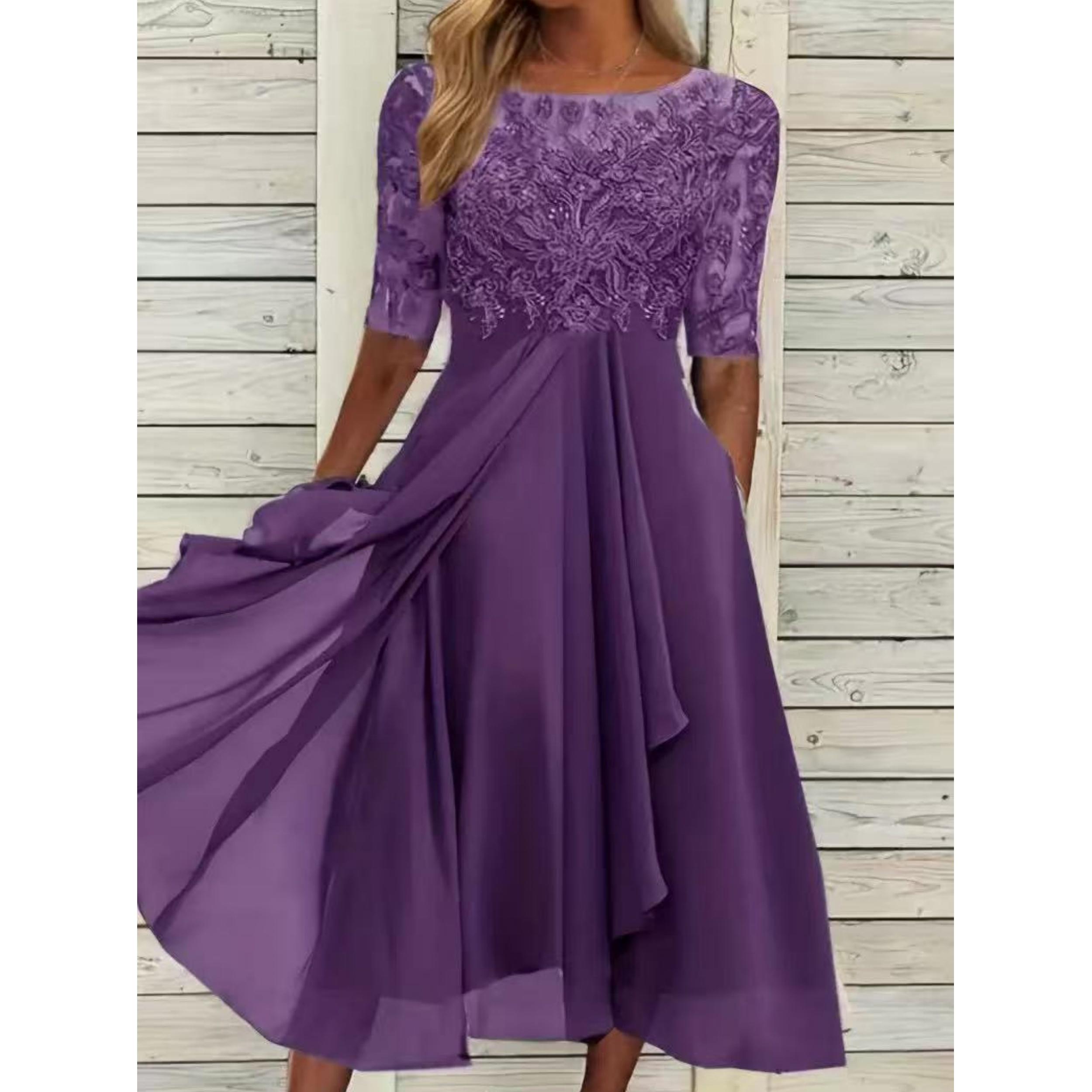 

HNXC Женская мода лето весна однотонный принт короткий рукав О-образный вырез повседневные платья XXL темно-фиолетового