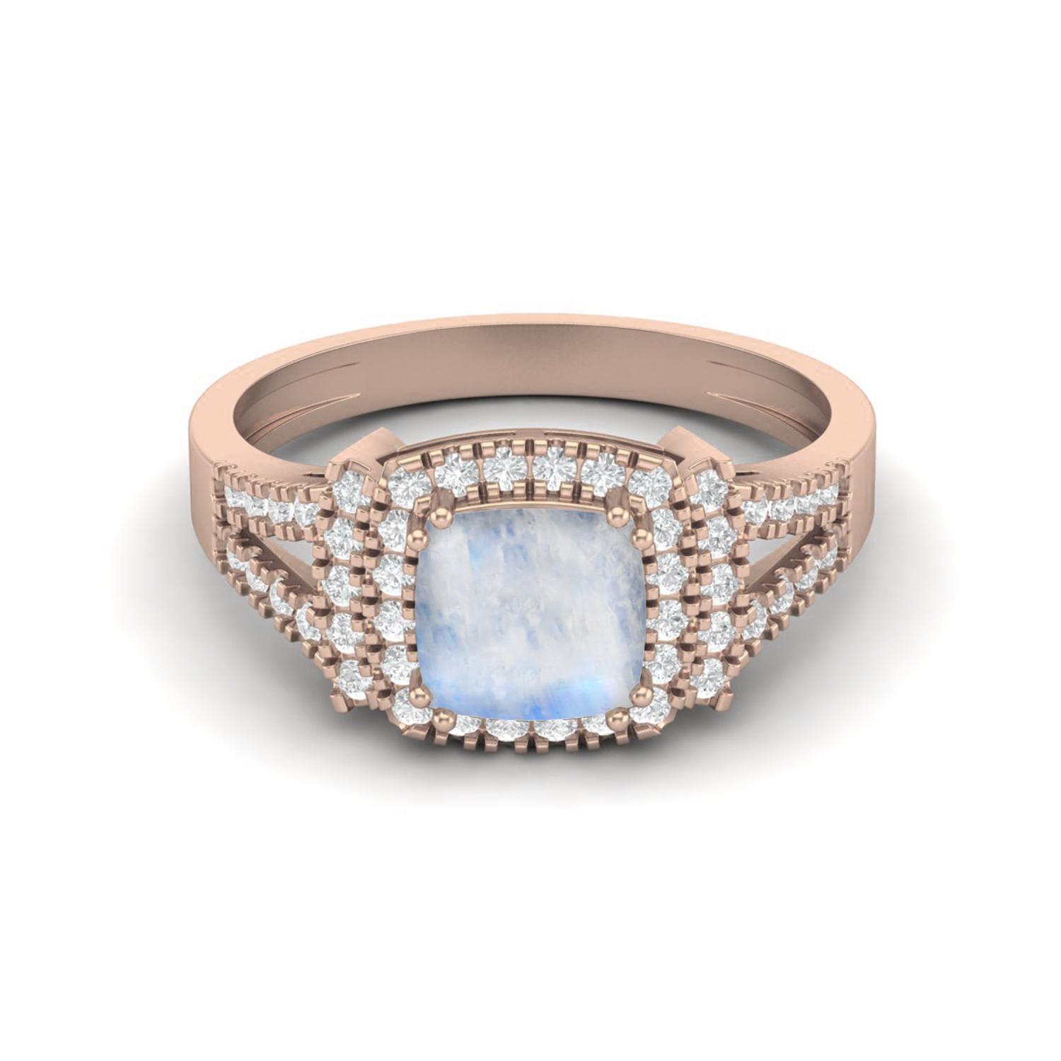 

6MM Cushion Natural Moonstone 925 Sterling Silver Rose Vermeil Solitaire with Accent Women Ring 10 белый