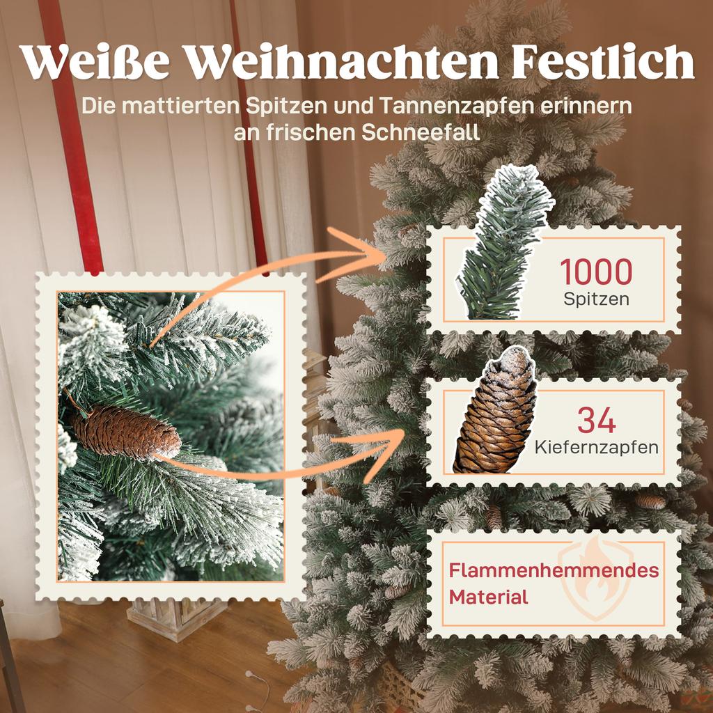 Artificial Christmas Tree 180 Cm Artificial Fir Tree with Snow, 1000 Tips 34 Pine Cones Wide Base