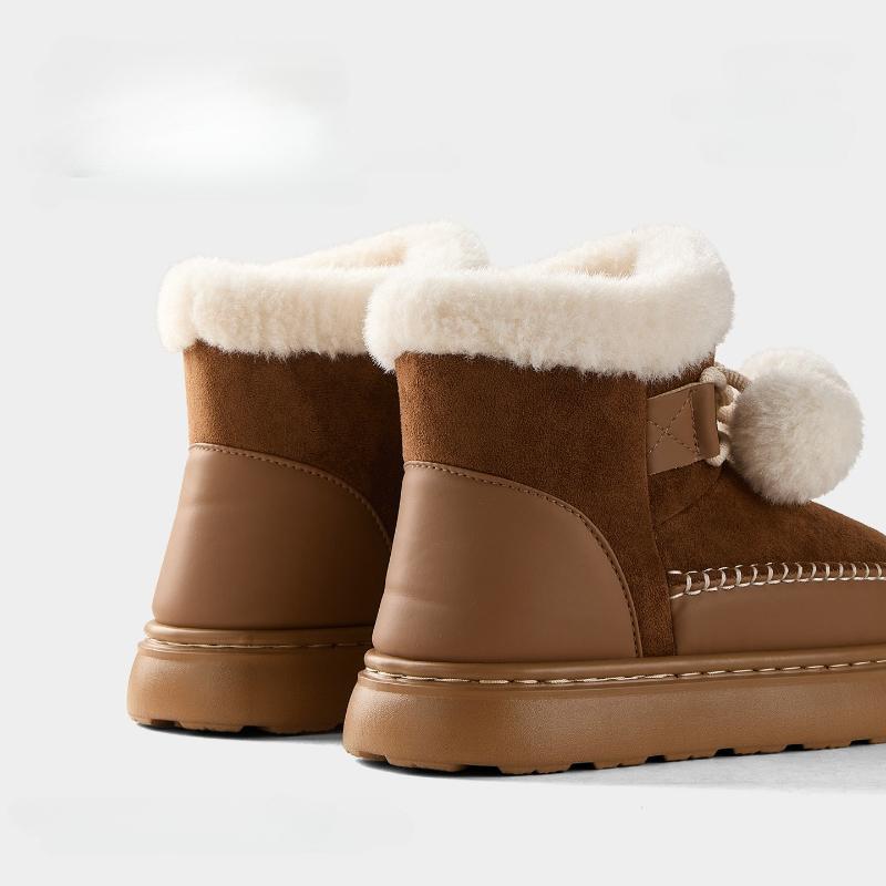 Women Winter Snow Boots Cute Fur Ball Windproof Suede Non-slip Platform Outside High Top Flat Soft Warm Fluffy Lady Shoes