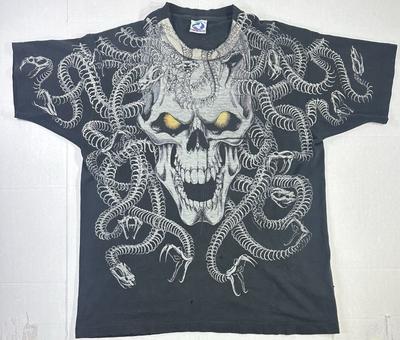 Vintage 90er Liquid Blue Totenkopf Schlange AOP T-Shirt Herren XL Gothic Grafik-T-Shirt Unisex T-Shirt