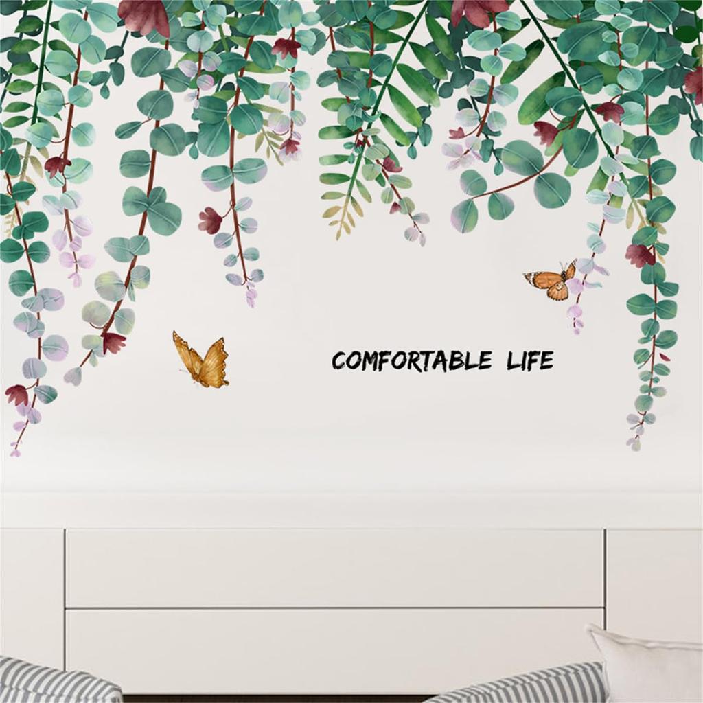 Stilvolles Grünes Blatt und Ranke Wand Nordisch Pastoral Perfekt für Wohn- und Wand-Schlafzimmer-Wandaufkleber Aufkleber, Landschaft, Abziehbar, Niedrig wachsende Blätter,