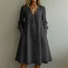 Women Casual Loose Fit Vintage Embroidered Floral V Neck Long Sleeve Dress Comfortable Everyday Wear