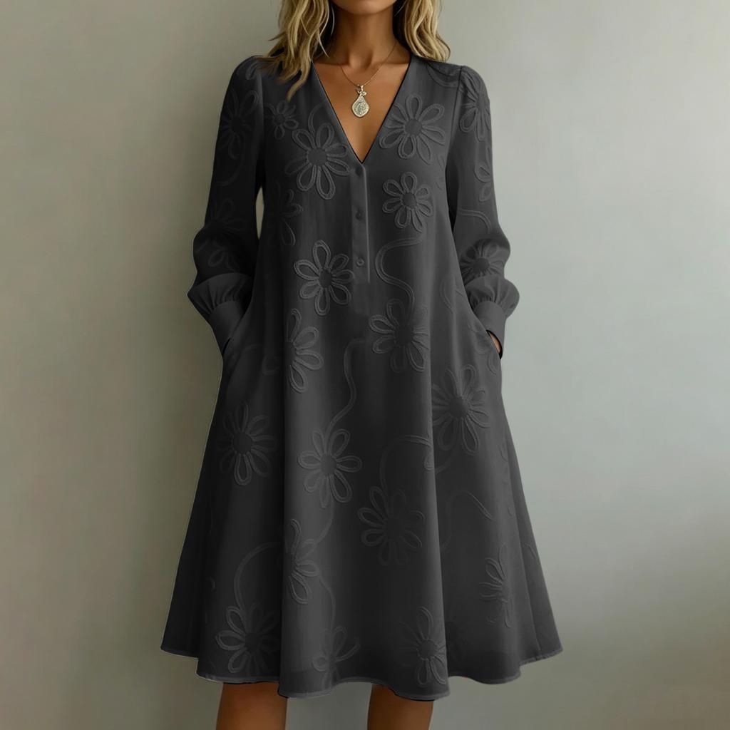 Women Casual Loose Fit Vintage Embroidered Floral V Neck Long Sleeve Dress Comfortable Everyday Wear