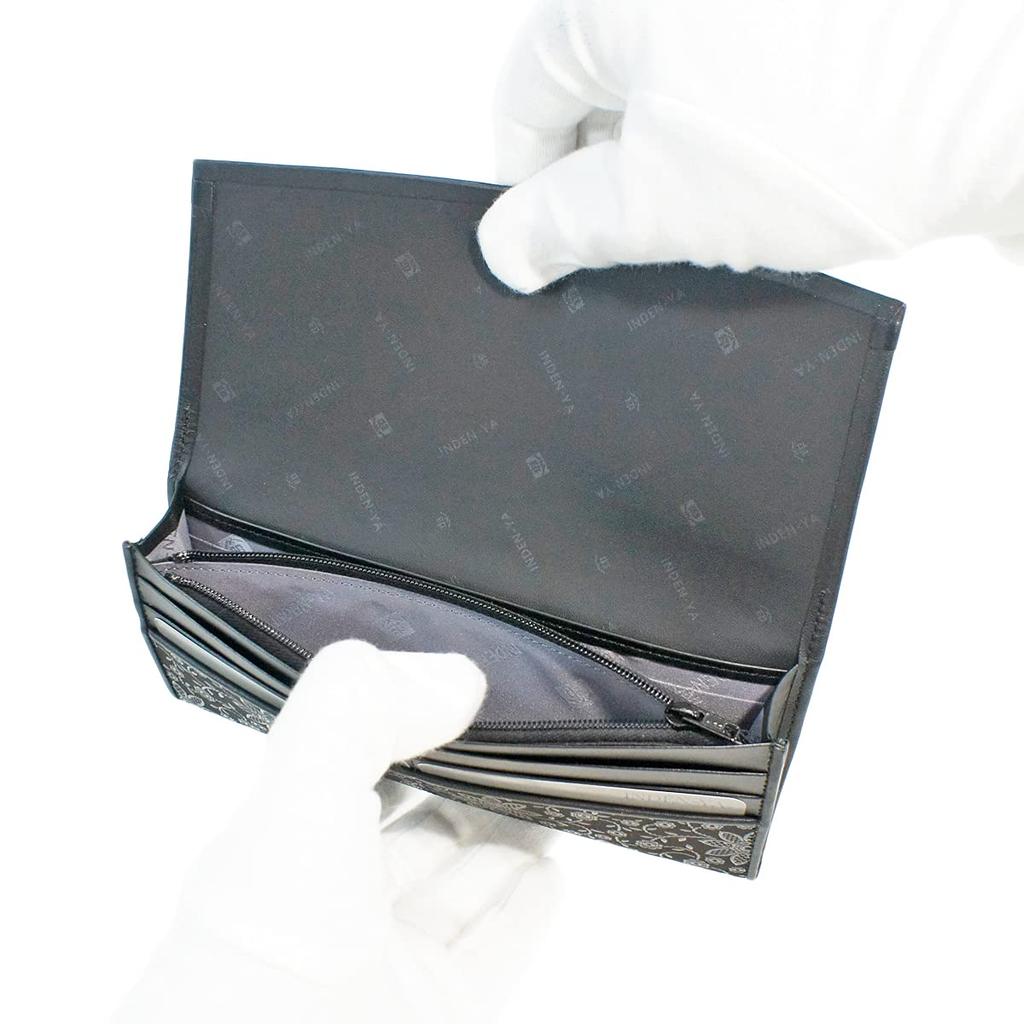 Inden Long Black with Black Clematis [Inden-ya] Wallet, Thin, Deerskin, Lacquer, Pattern, 2311-01-169