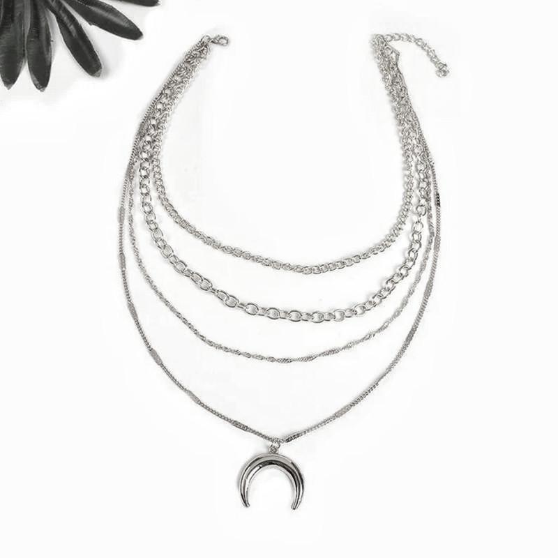 New Bohemian style stacked half moon pendant necklace, multi-layer alloy chain
