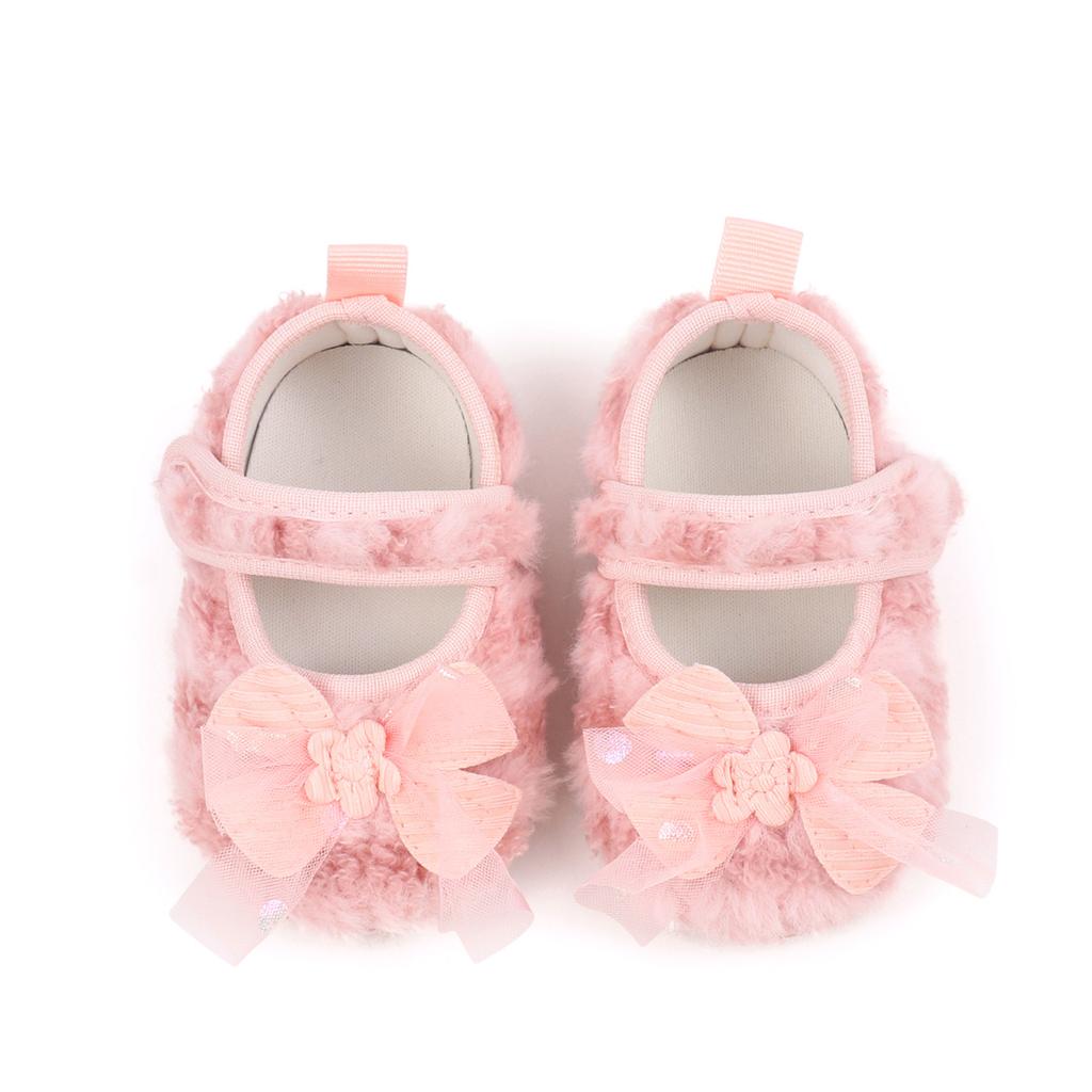 Citgeett Spring Infant Baby Girl Fuzzy Walking Shoes Bows Adjustable Straps Soft Comfortable Non-Slip Shoes