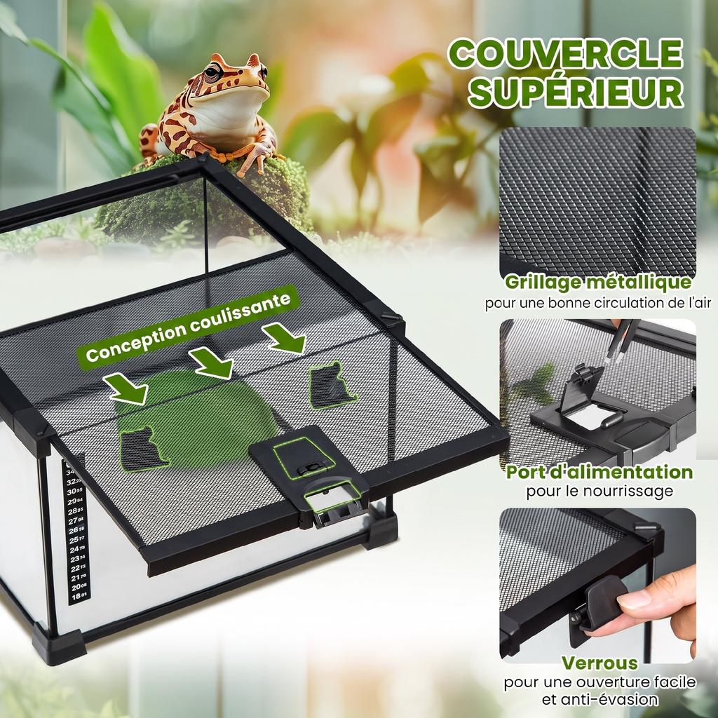 Reptile Terrarium, Transparent Habitat, Sliding Metal Mesh Lid, 30 x 30 x 20 cm, Black