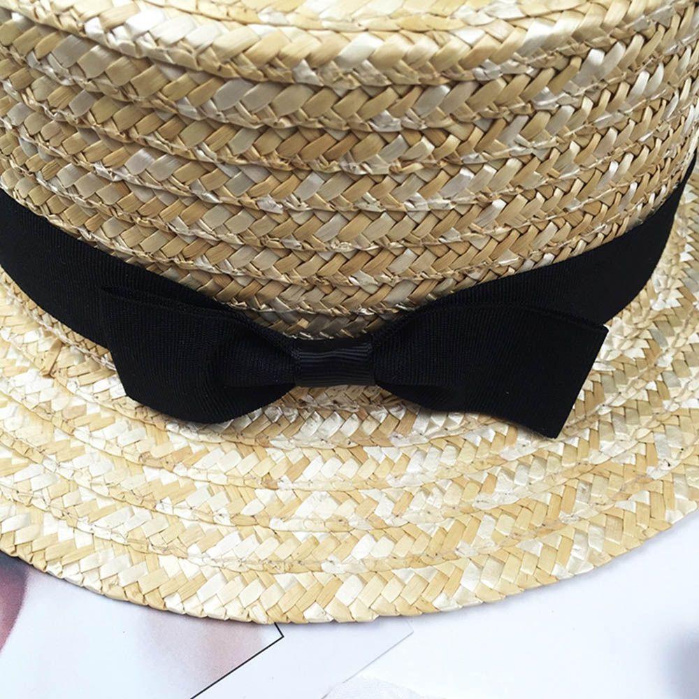 Flat Top Beach Ribbon Straw Hat Girls Bowknot Sun Hat