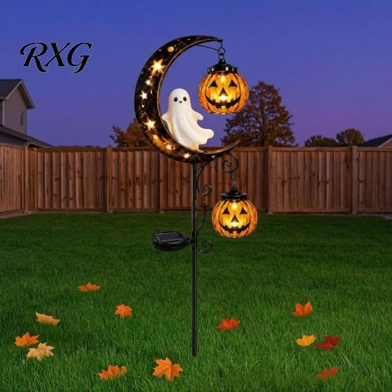 Spooky Halloween Outdoor Displays Solar White Ghost Pumpkin Moon Garden Stake Light, Waterproof LED Decorative Stakes for Flower Beds Yard Decoration,