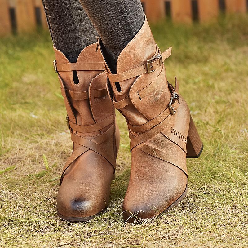 2021 Autumn/Winter Plus Size Chunky Heel Lace-up Women's Leather Boots