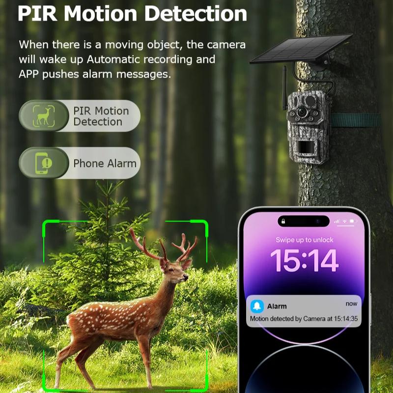 4G 2K 5MP PIR Bevegelsesaktivert Utløsertid Nattsyn IP66 Jakt Viltkamera Vanntett Viltliv Batteri Solcellekamera Litiumbatteri