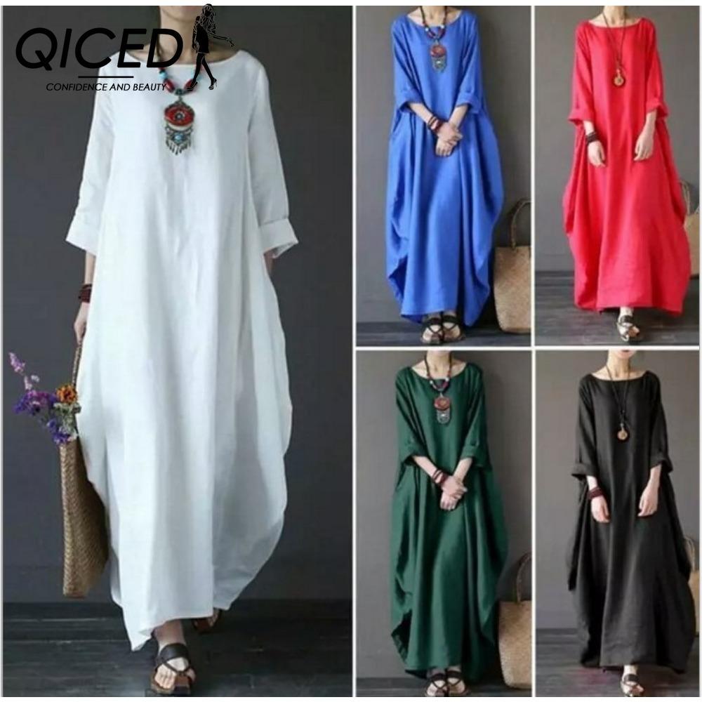 QICED Women Long Loose Summer Casual Dress Linen Cotton Plus Size