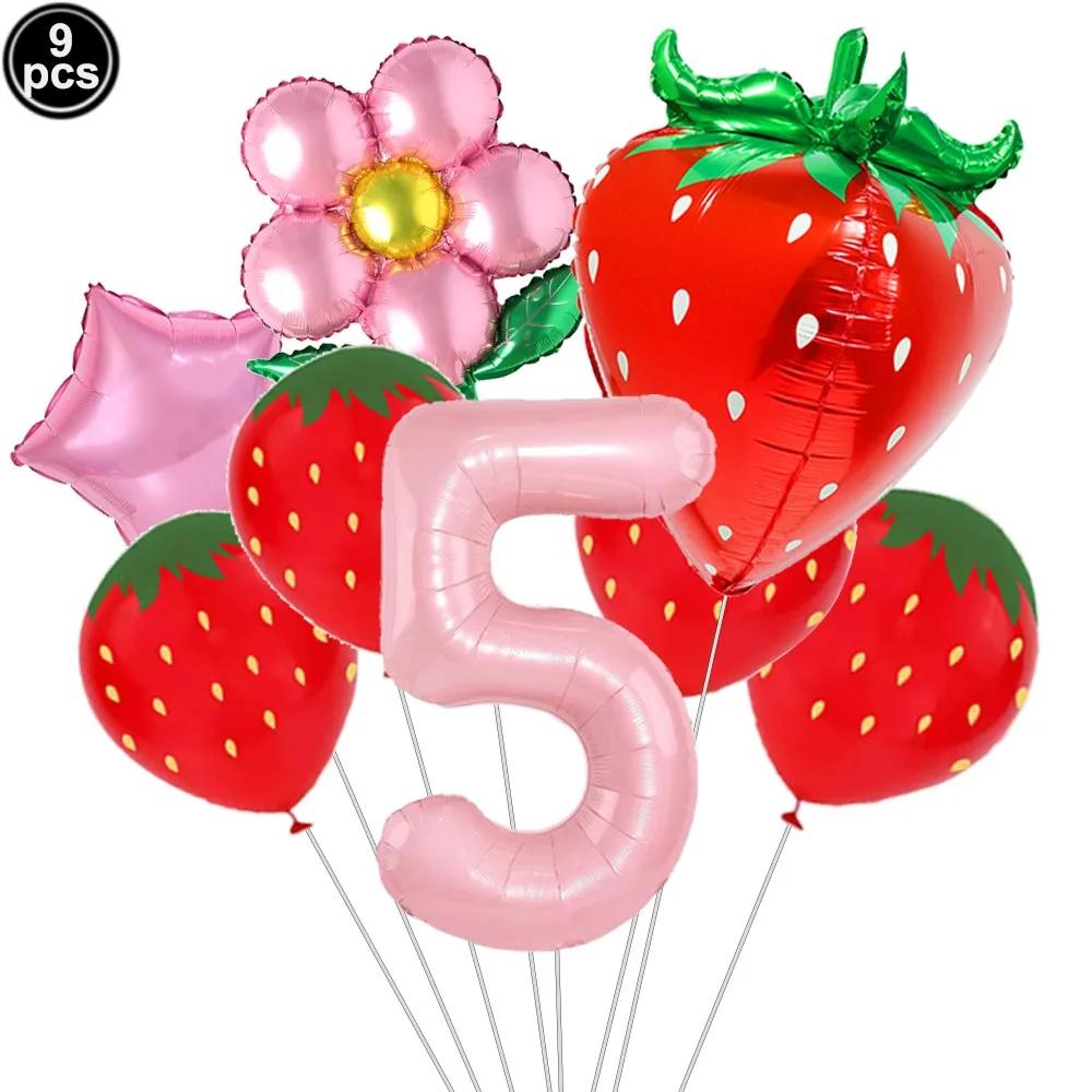 9pcs Strawberry Balloons Kits Birthday Decorations for Girls 32inch 0-9 Number Balloons for Strawberry Birthday Party Decors