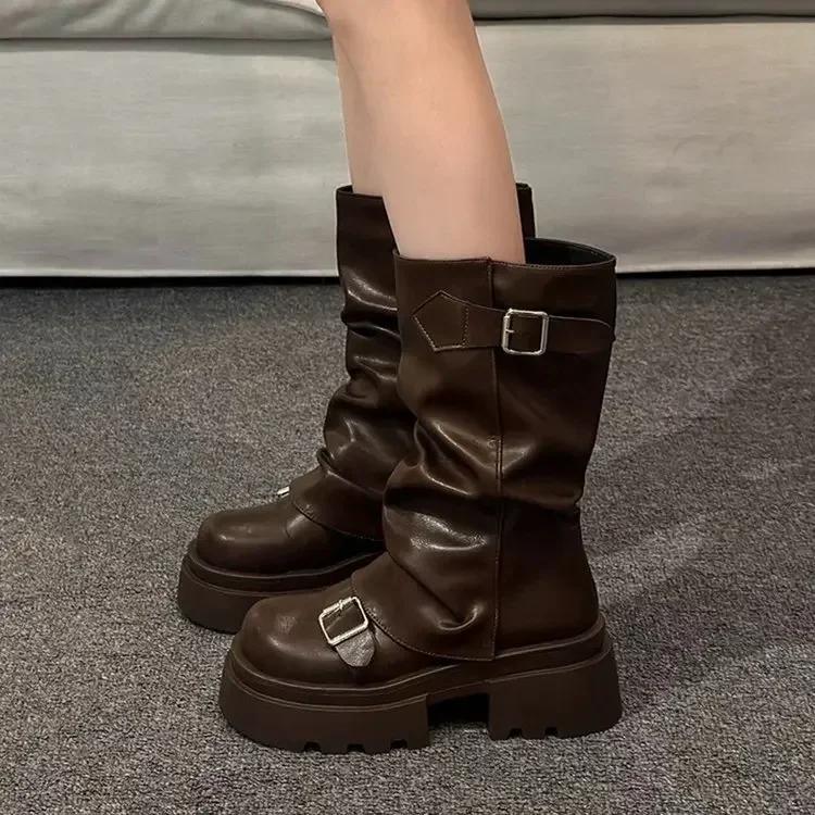 Mid Length Boots for Women 2025 New Style Thick Soled Height Increasing Short Boots, Fashionable Retro Anti Slip Leather Boots