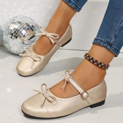 Modische Mary Jane Schuhe mit flachem Absatz und Schleifendekor für Damen, Gold Silber Schnallenriemen Lolita Schuhe Frau Leichte Komfort Flats
