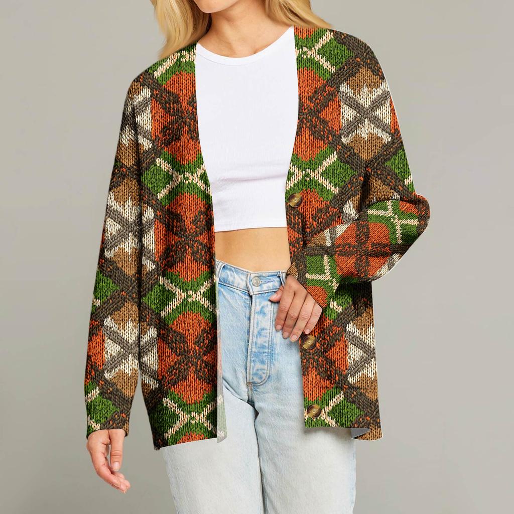 Women's Fashion Long Sleeve Christmas Print V-Neck Button Loose Cardigan Top