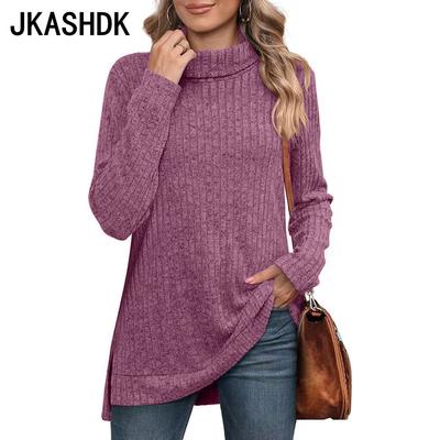 Jerséis y mangas largas holgados con cuello alto y manga larga con estampado de Color sólido informal a la moda para mujer