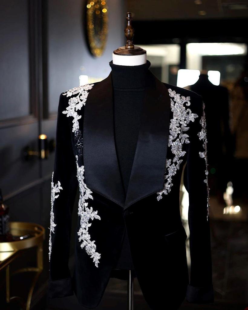 Luxuly Shiny embroidery Wedding Suits For Men Slim Fit Shawl Lapel Groom Tuxedos 1 Pieces Sets High-end Male Blazers Ropa Hombre