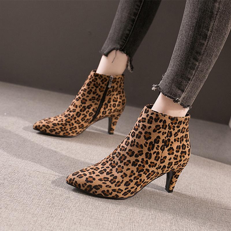 Damer Leopard Glidelås Hæl Høye Hæler Spiss Tå Ankelstøvletter Damer Flock Korte Støvletter Kvinnelige Korte Plysj Fritidssko