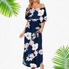 European and American summer new printed one-word shoulder short-sleeved long dress