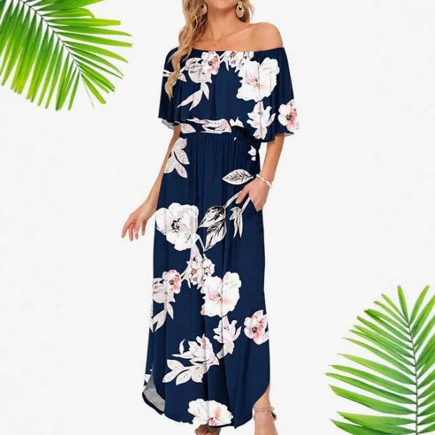 European and American summer new printed one-word shoulder short-sleeved long dress