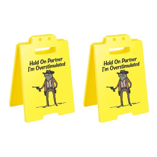 1/2/3Pcs Caution Overstimulated Desk Sign Cowboy Frog Hold On Partner I'm Overstimulated Mini Table Sign Home Office Decoration Coworkers Gag Gift