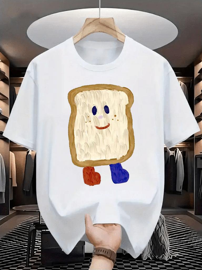 Stylish Croissant Toast Print Casual White Short Sleeve Tshirt Crew Neck Loose Fit Food Graphic Tee For Daily Streetwear