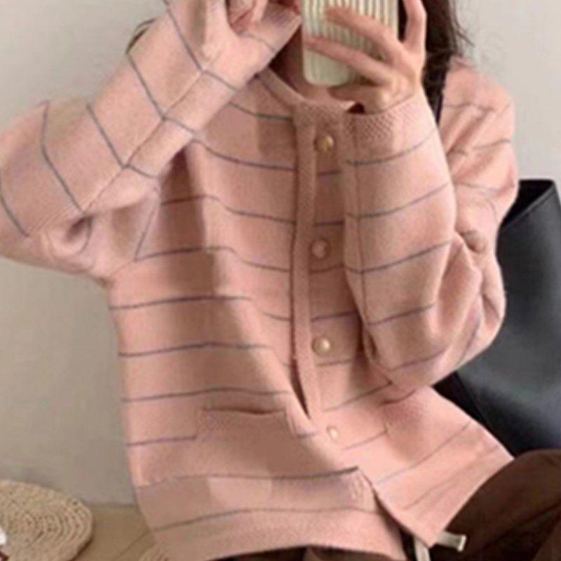 

Women s French Striped Knitted Cardigan Winter Loose Outer Wear Round Neck Retro Sweater Coat 2XL