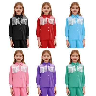 Disfraz de Cowgirl de Halloween para Niñas Camisa de Manga Larga con Botones Diseño de Solapa Lentejuelas Brillantes Camisa Vestido con Flecos