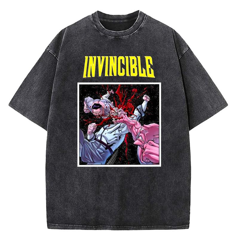 Vintage Washed Invincible Cartoon Shirt Harajuku Style for Men Women Pure High Quality Cotton T-Shirts Tee Clothing