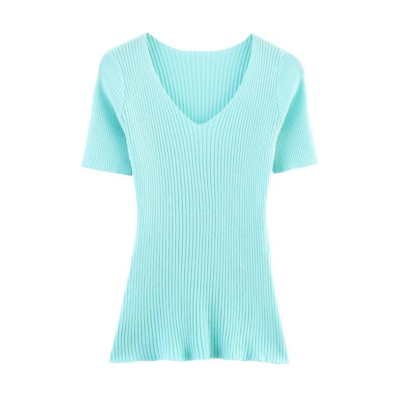 Kaslead New Women clothes Western Style Fashion Simple Solid Color Vertical Stripe Knitted Short sleeve Top