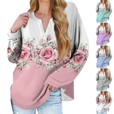 Women's New Button Collar Fashion Retro Printed Long Sleeves T-Shirt Slim Top Casual Tops