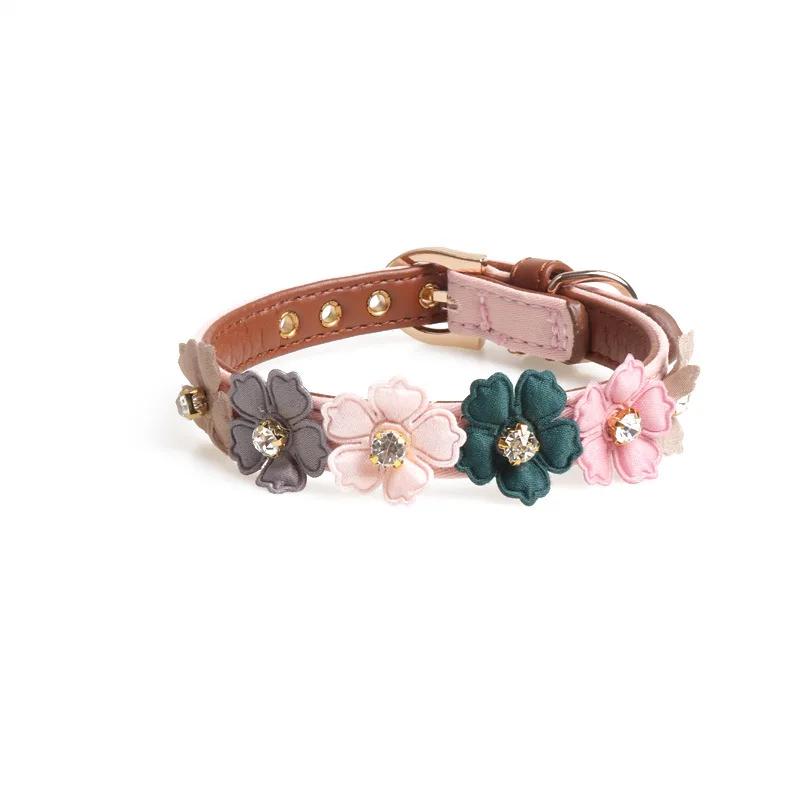 Practical Pet Dog Flower Rhinestone Collar Flower PU Chain Leather Small Medium Chihuahua Pug Cat Dog Collar Home Pet Supplies