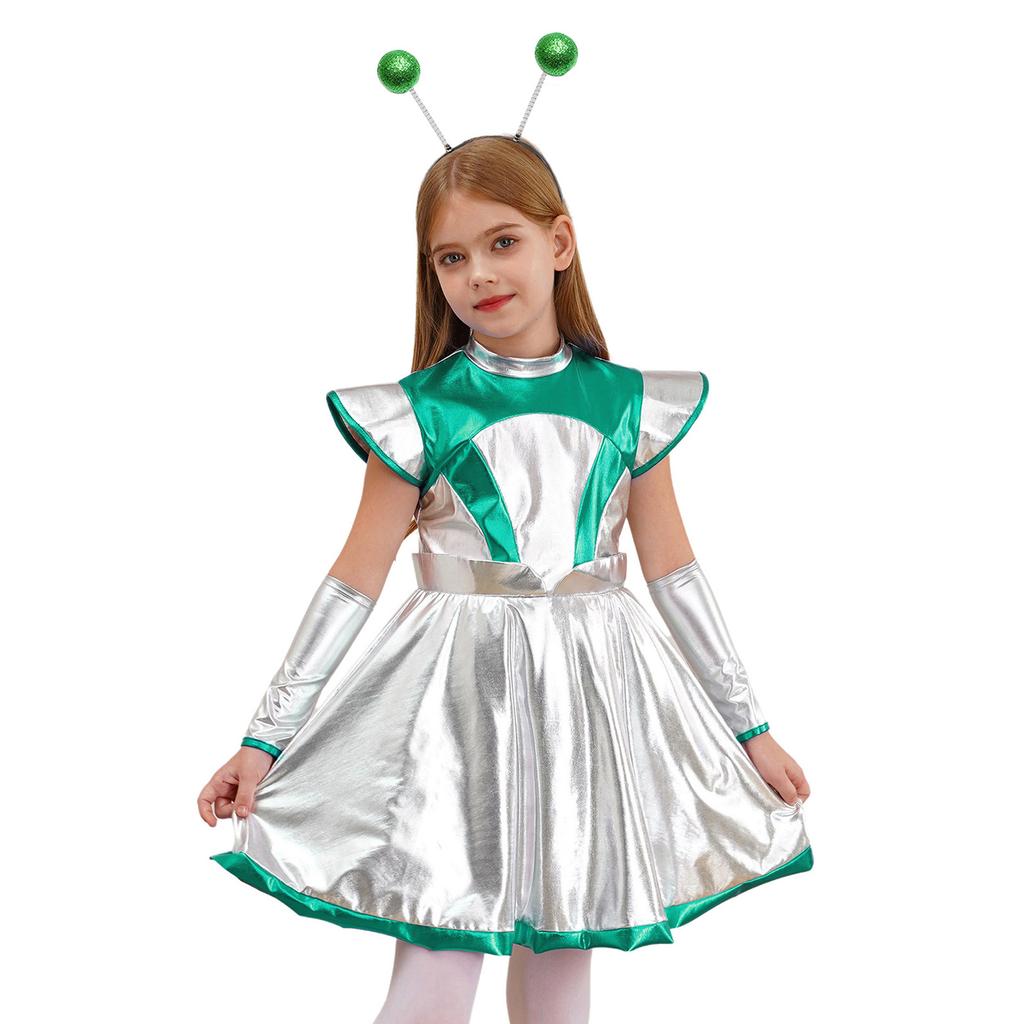 Girls Halloween Alien Cosplay Costume Set Outer Space Cutie Dress Arm Sleeves Hair Hoop Accessories