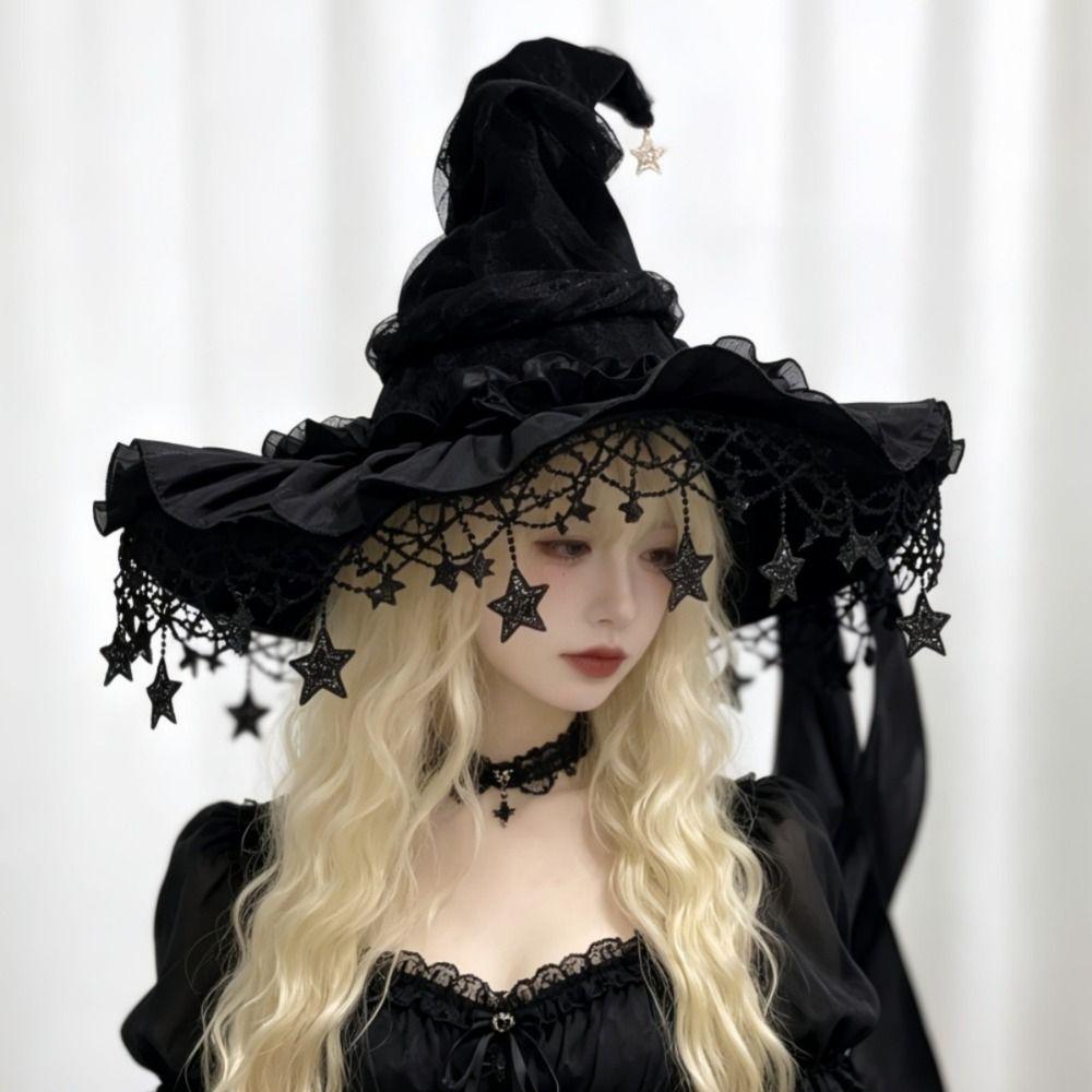 Lace Lolita Witch Hat Bow Ribbon Wizard Cap Cosplay Accessories Pointed Mage Hat Role Play