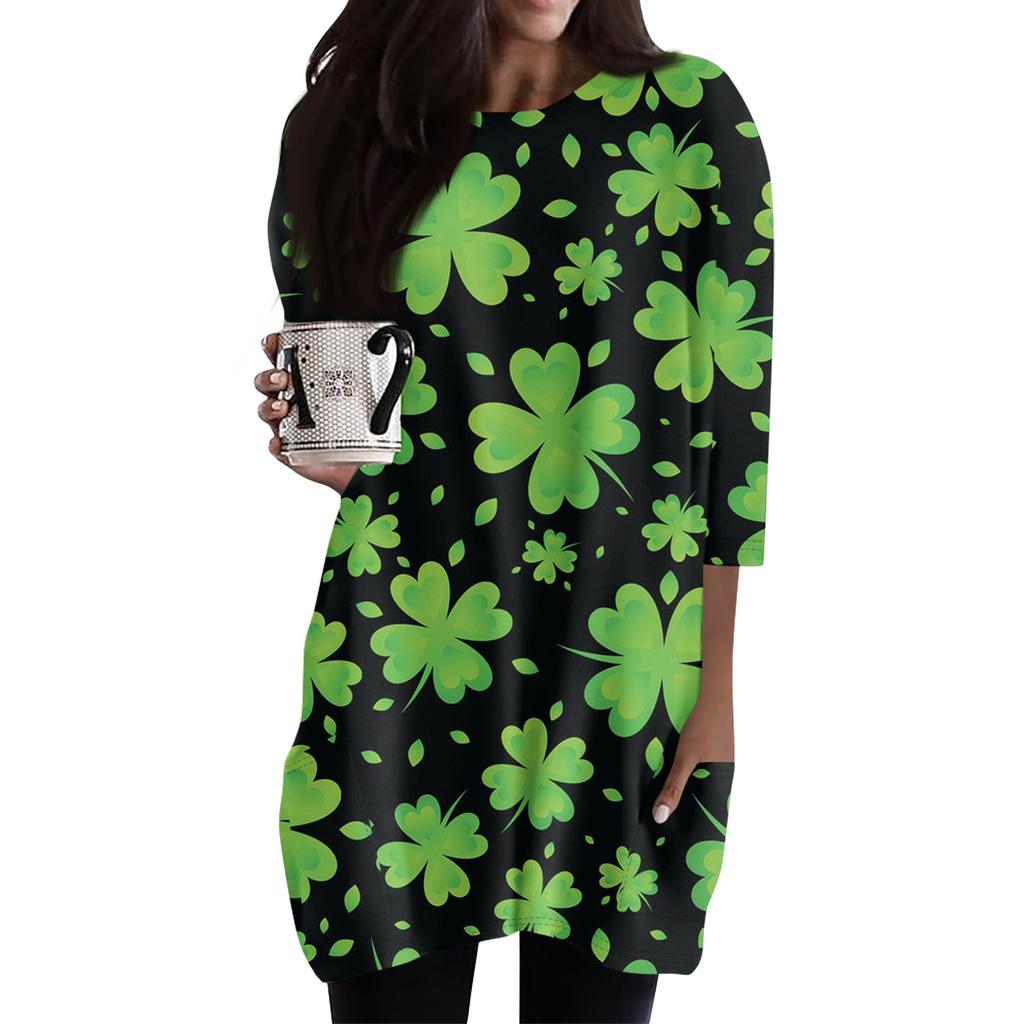 Women's  Casual 3/4 Sleeve Shirts Fashion St Patrick's Print Tunic Tops With Pockets