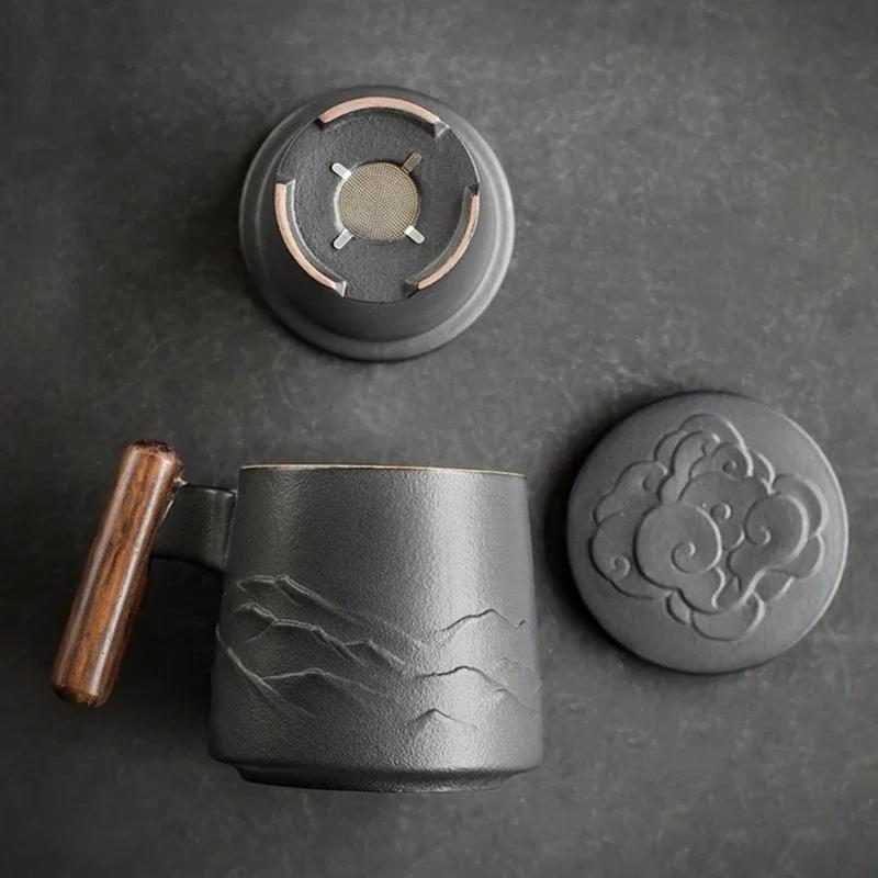 Vintage Ceramic Mugs Wooden Handle Tea Cups with Elegant Strainer and Lid Portable Unusual Coffee Mug Aesthetic Personalized Gifts for Father