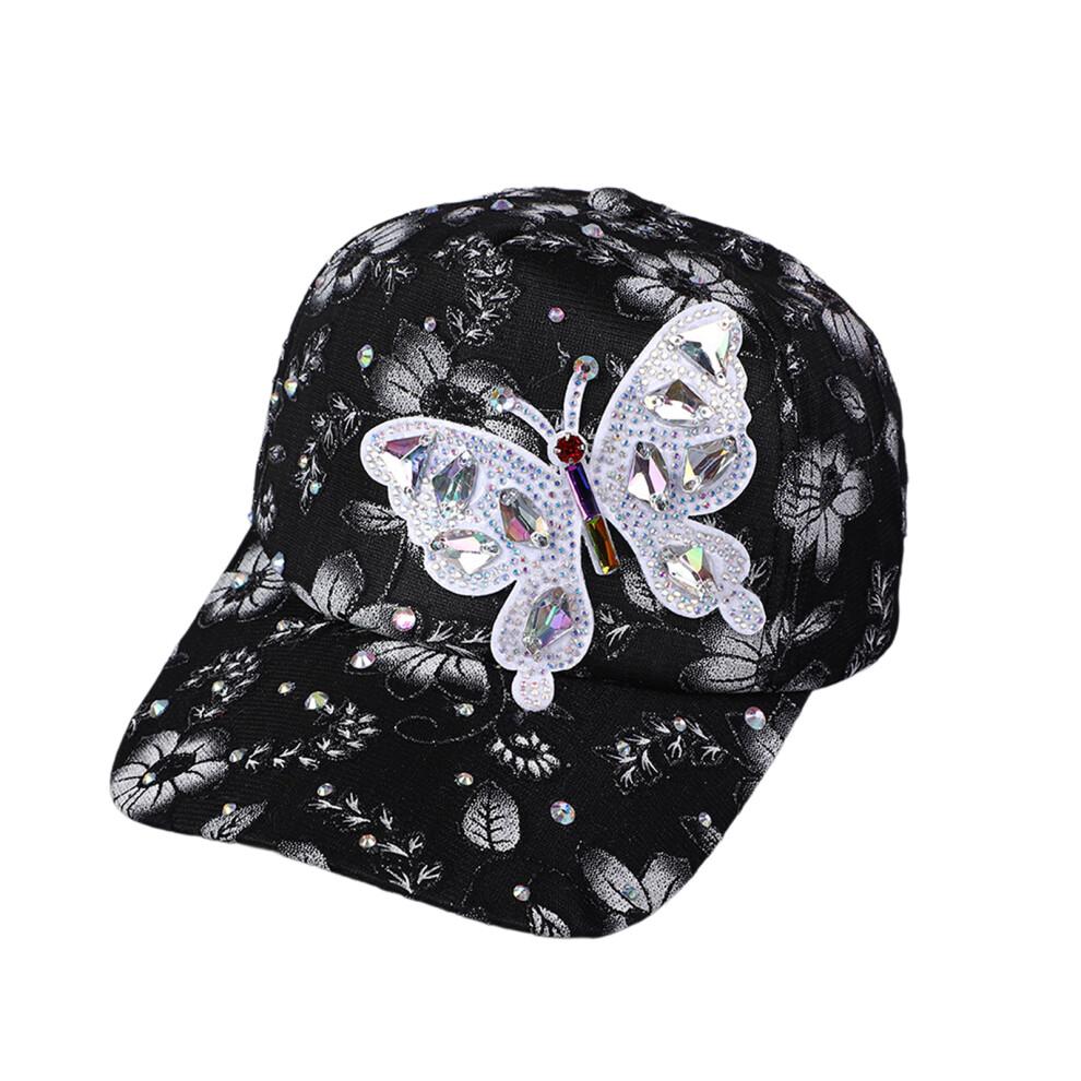 (Einheitsgröße, Schwarz) Damen Basecap Stilvolle Strass Schmetterling Blume Verstellbar Atmungsaktiv Breiter Rand Sonnenhut