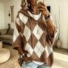 Autumn/Winter Diamond Plaid V-neck Hooded Women's Sweater - European & American Casual Knitwear.