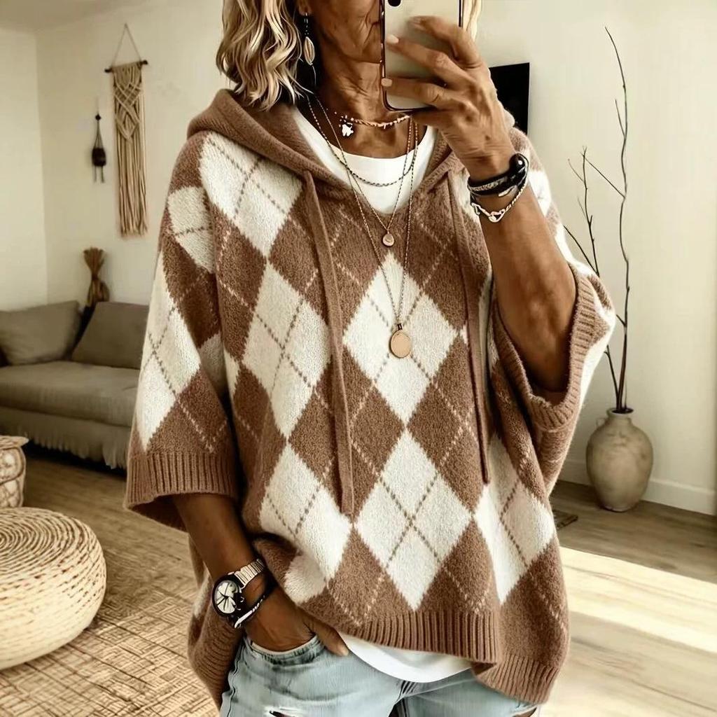 Autumn/Winter Diamond Plaid V-neck Hooded Women's Sweater - European & American Casual Knitwear.